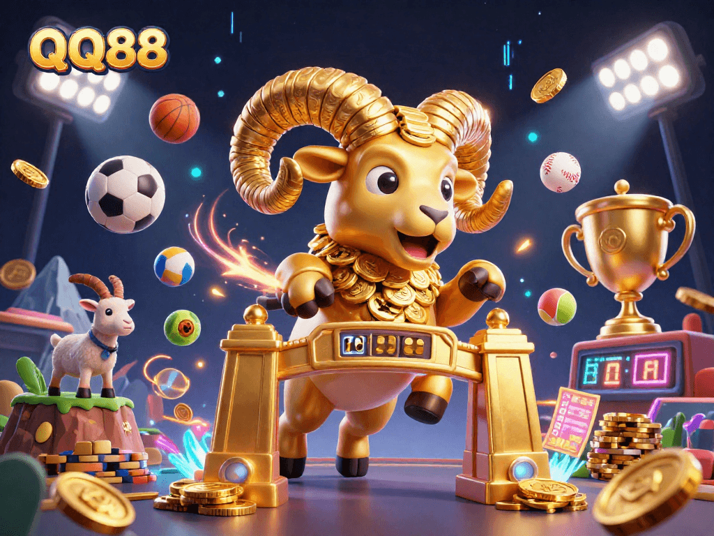 Engage with QQ88's vibrant casino scene featuring dynamic sports elements and golden treasures.