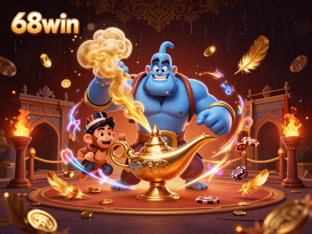 Enjoy thrilling gameplay at 68win with a vibrant casino scene featuring a magical genie.