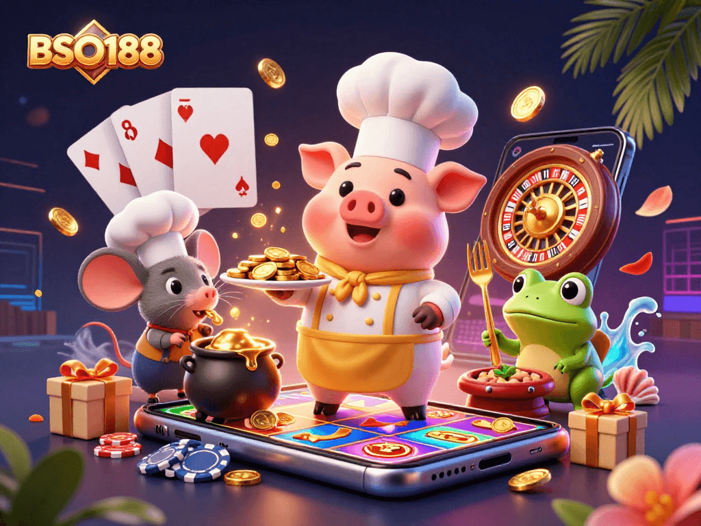 Engage with thrilling BSO188 gameplay while a chef pig serves golden coins, surrounded by colorful slot games and casino elements.