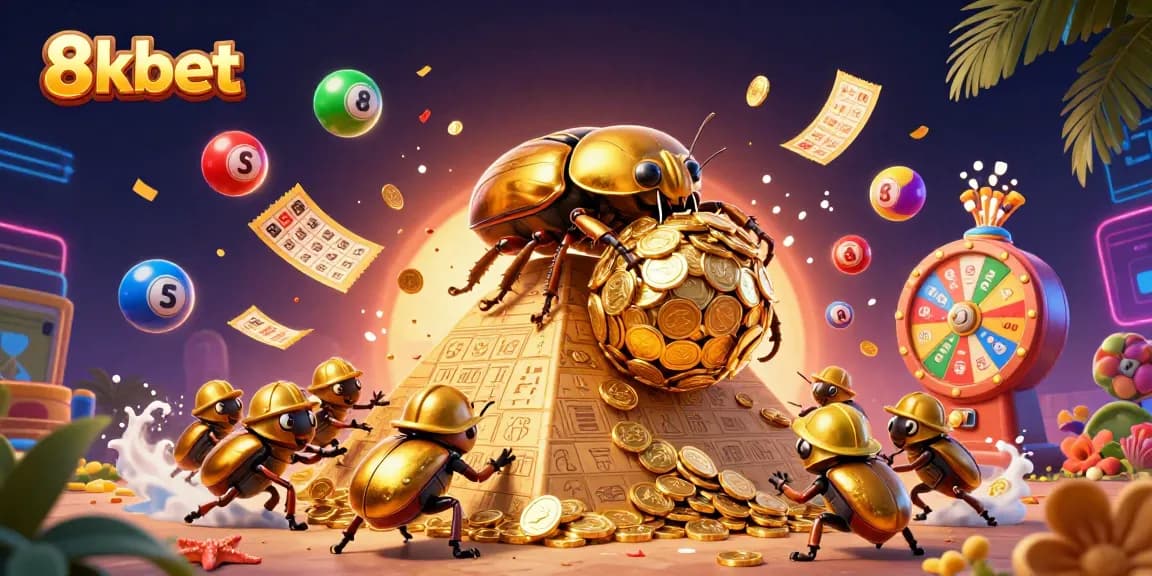 Join the fun at 8kbet as you explore a vibrant scene featuring a golden dung beetle and dynamic lottery elements.
