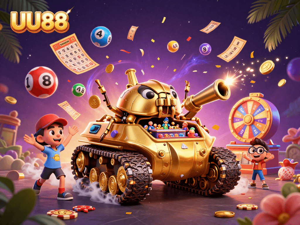 Engage with UU88's vibrant gaming scene, showcasing a 3D casino tank amidst confetti and excitement.