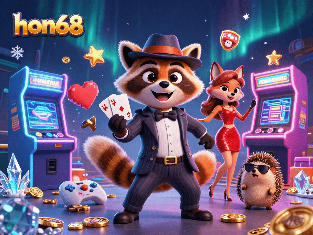 Experience exciting games at hon68 with a suave raccoon, stylish fox, and a hedgehog bouncer!