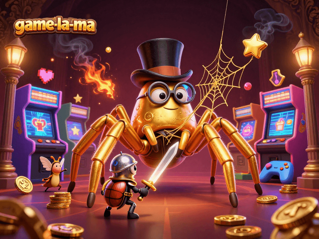 Game-la-ma showcases a golden tarantula and beetle knight in a vibrant gambling scene.