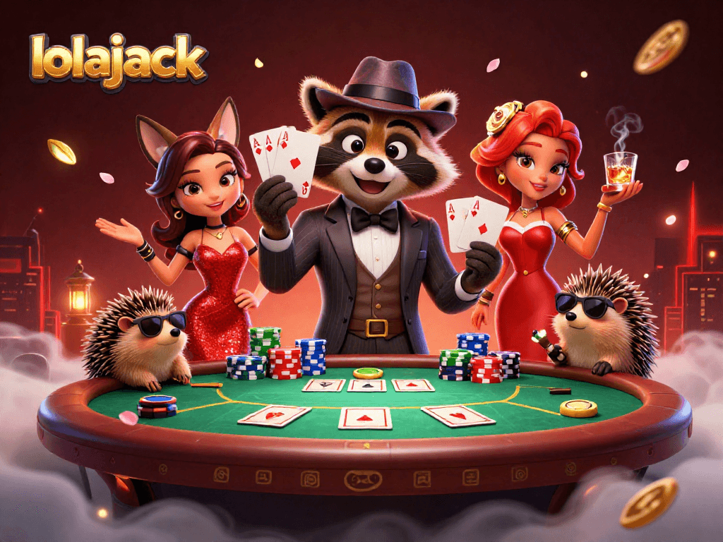 Play poker with lolajack, featuring raccoon and fox surrounded by chips and cards.