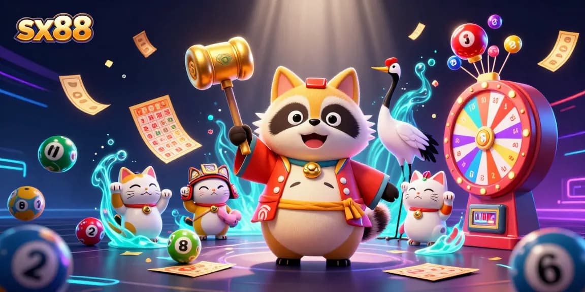 sx88 delights players with a colorful casino scene featuring lottery balls and lucky characters
