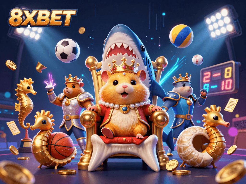 Engage with 8XBET and experience a lively online casino scene featuring a golden hamster king and vivid sports elements.