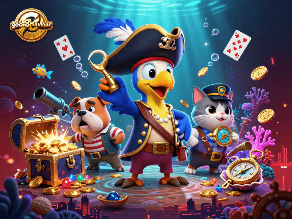 Experience thrilling underwater action with go88chinhthuc as you encounter a pirate, bulldog, and cat in a vibrant casino world.