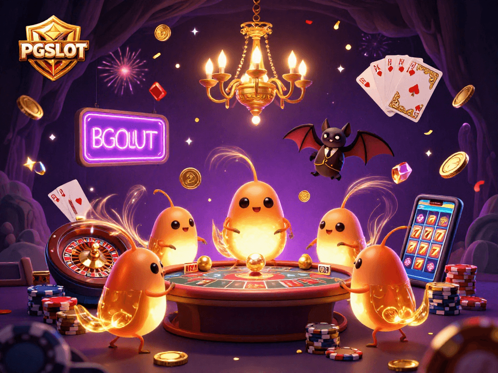 PGSLOT showcases an exciting scene filled with lively glowworms lighting a casino, featuring coins and gems, with action-packed game elements.