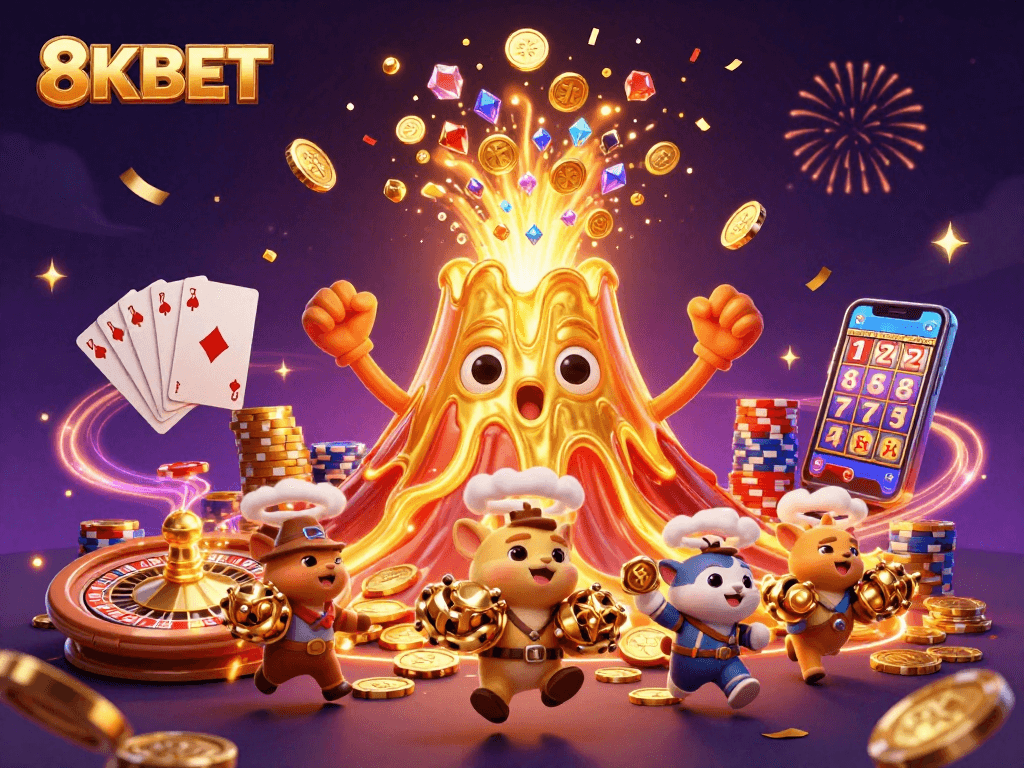 Play slots at 8KBET with a thrilling volcano erupting treasures and vibrant casino elements.