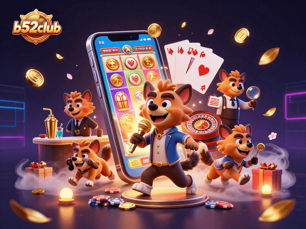 Experience the vibrant b52club comedy casino scene with 3D hyenas, slot games, and a lively atmosphere.