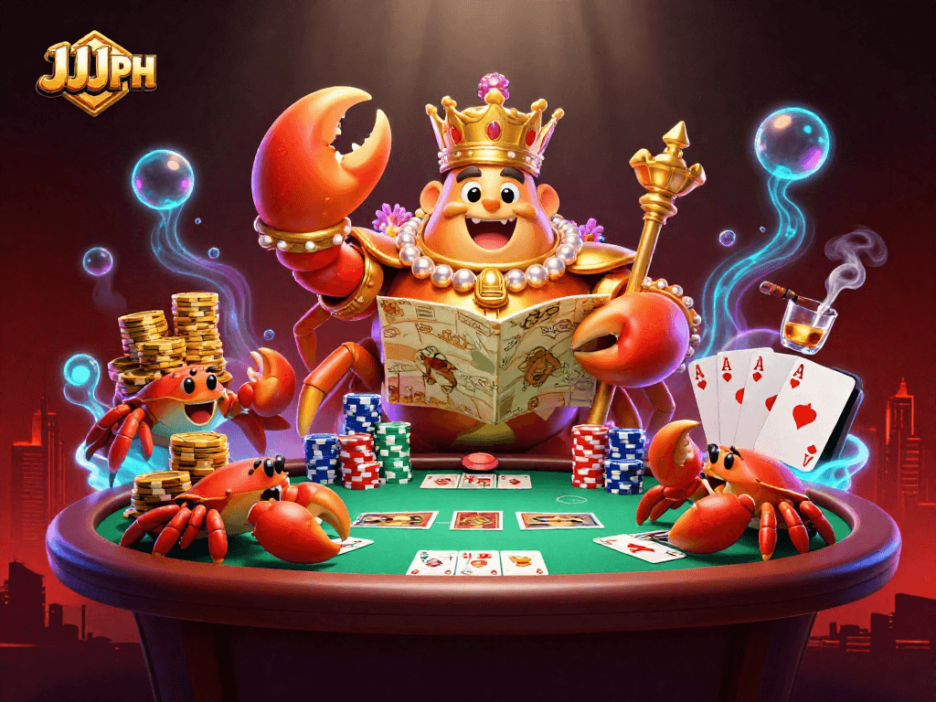 Ang JJJPH na ilustrasyon ng isang emperador na alimasag at mga damit na nagdadala ng mga stacked chip.