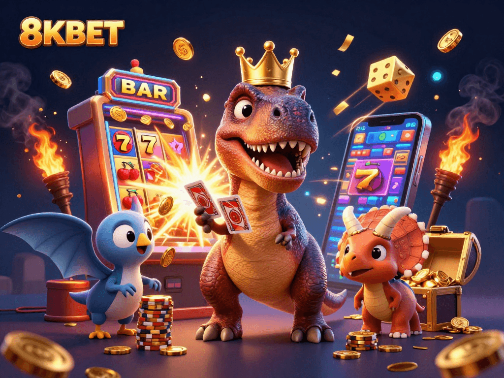 Engage with 8KBET as a T-Rex shuffles cards while a pterodactyl assists, showcasing a vibrant casino scene.