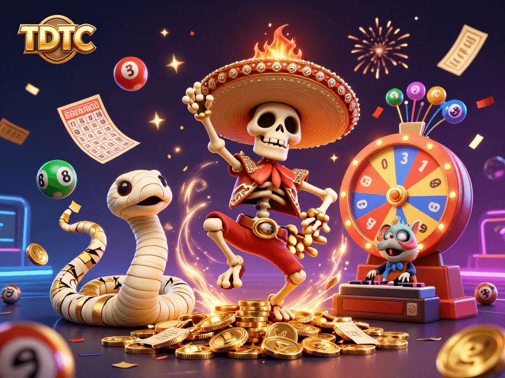 Celebrate TDTC with dynamic lottery games and vibrant characters enjoying a casino atmosphere.