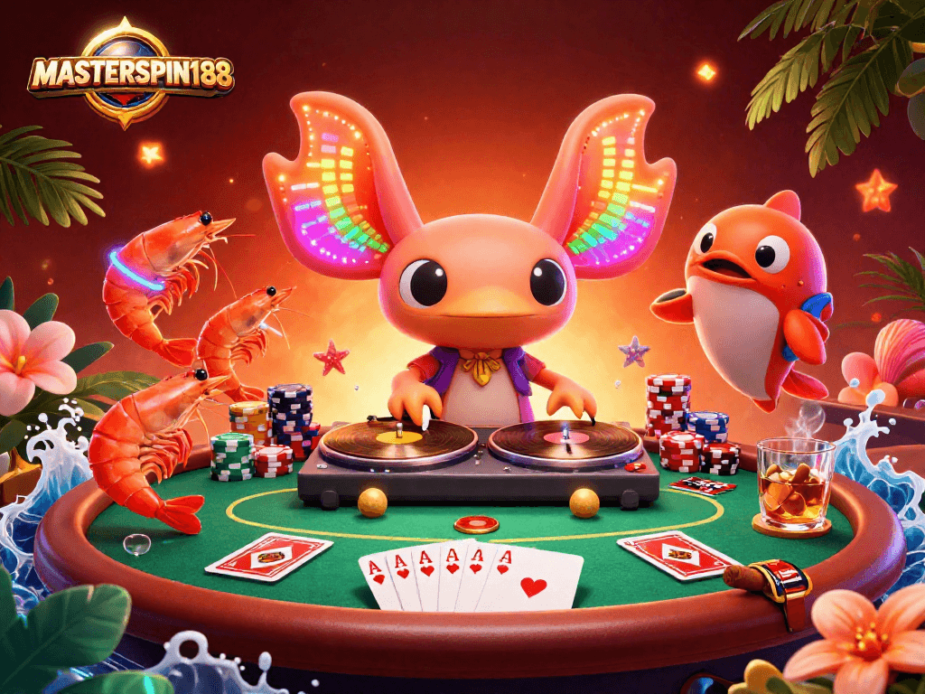 Experience vibrant excitement at MASTERSPIN188 with a neon casino scene featuring a DJ axolotl and poker elements.