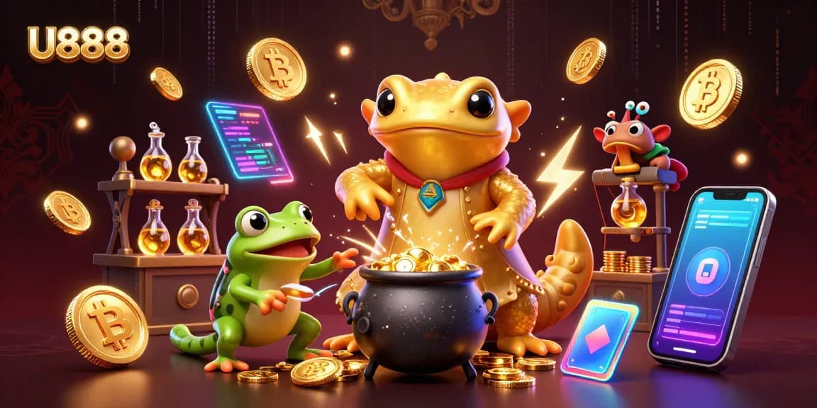 U888's immersive casino adventure features a giant salamander alchemist and glowing crypto coins, creating a captivating scene.
