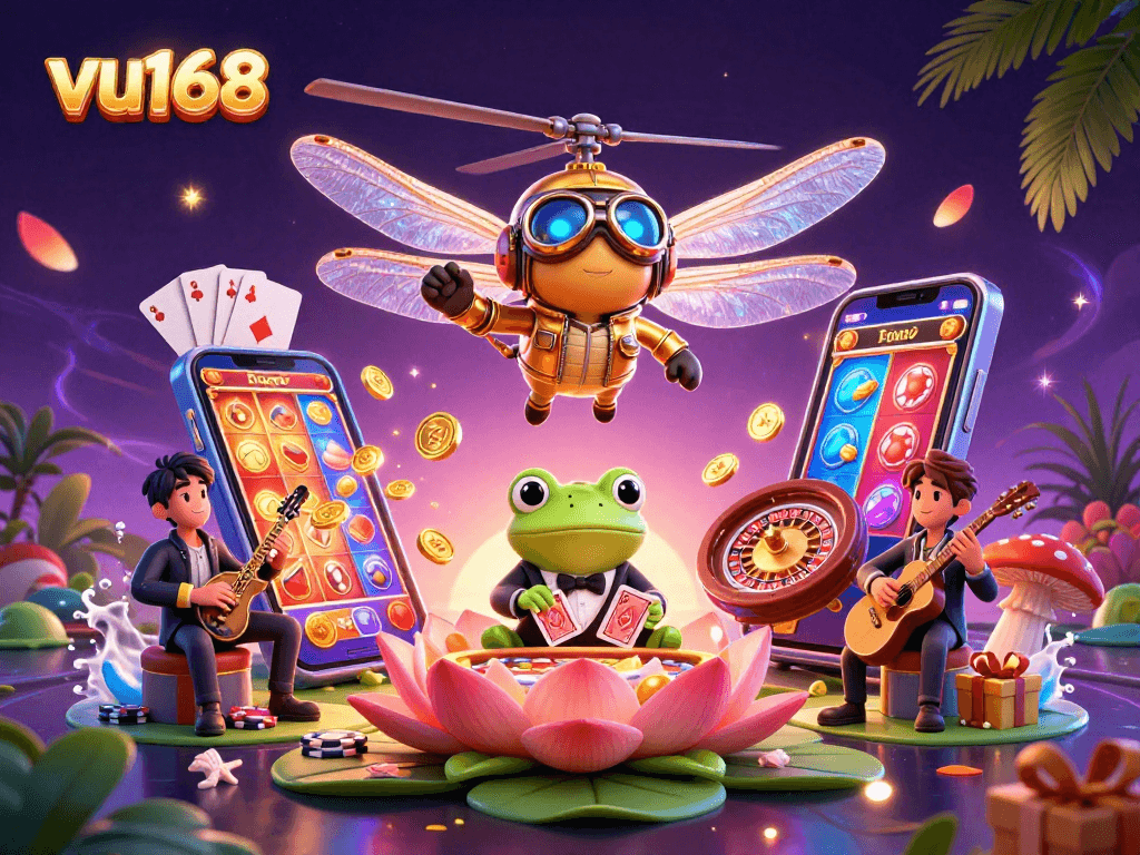 Engage in thrilling actions at vu168 casino, featuring vibrant 3D characters and a lively gambling scene.