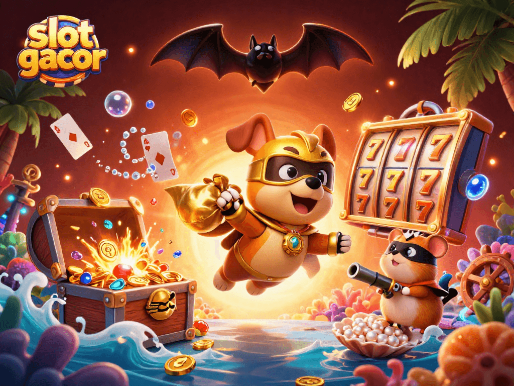 Slot gacor menampilkan karakter anjing pahlawan terbang dengan koin emas, dikelilingi elemen slot dan dekorasi kasino.