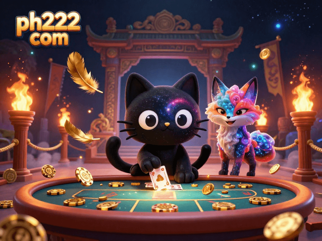 Experience cosmic gambling at ph222 com with a whimsical casino illustration showcasing unique characters.