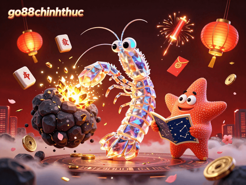 Engage in the thrilling action of go88chinhthuc as the mantis shrimp punches through an asteroid, revealing golden treasures.