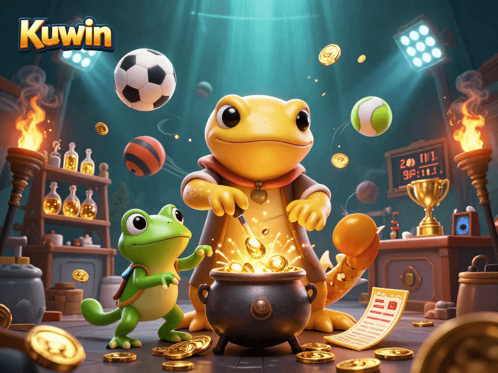 Engage in thrilling gaming experiences with Kuwin's captivating illustration of a cartoon alchemist turning metals into gold.