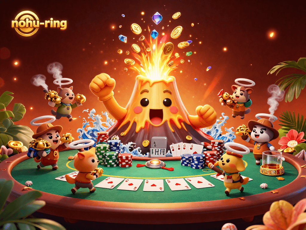 Experience the thrill of nohu-ring with vibrant treasures soaring from a triumphant volcano while explorer animals flee.