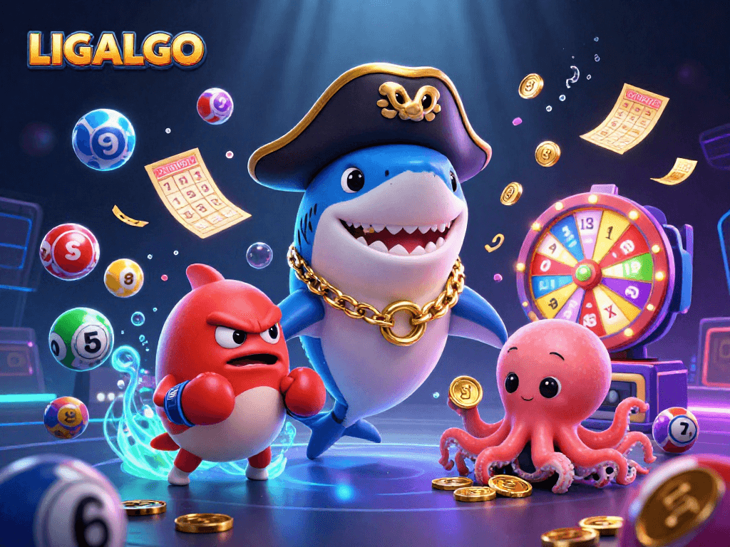 LIGALGO showcases vibrant casino fun with a pirate shark, pufferfish, and octopus amidst dynamic lottery elements.