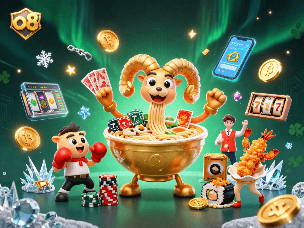 Experience the action at o8 as a giant ramen bowl deals cards amidst Bitcoin and Ethereum coins and vibrant gaming elements.
