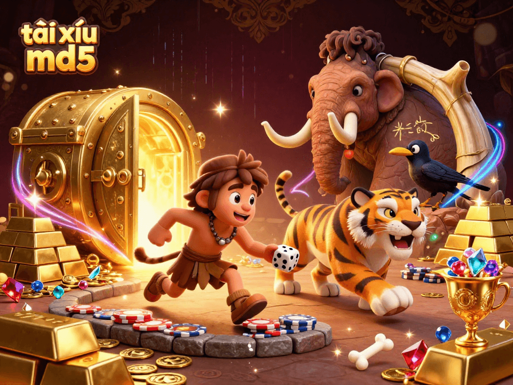 Engage in thrilling tài xỉu md5 gameplay as a caveman and tiger run a vibrant prehistoric casino.