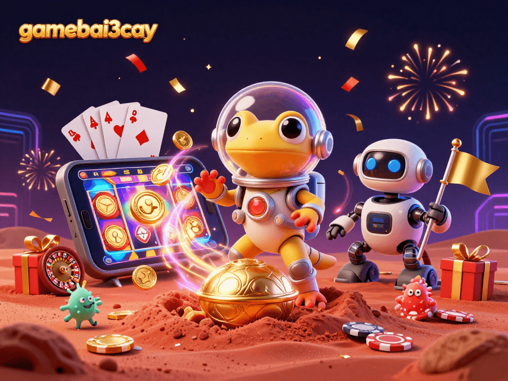 gamebai3cay unveils an exciting alien-themed casino adventure with a Martian gecko and robot rover.