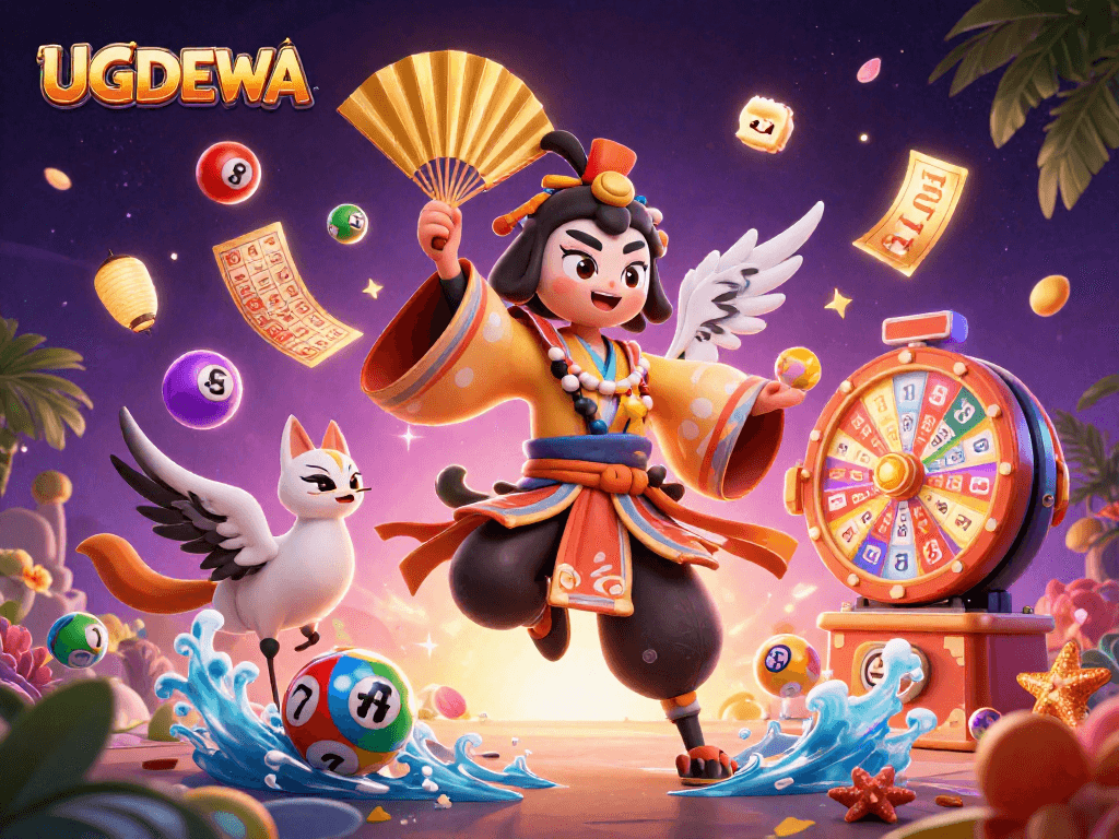 Engage with UGDEWA's vibrant casino world, featuring striking kabuki warrior and colorful lottery elements.