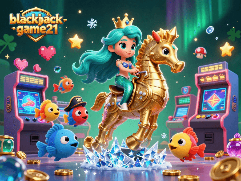 A vibrant casino scene featuring mermaid princess and golden seahorse, representing blackjack-game21 gameplay.