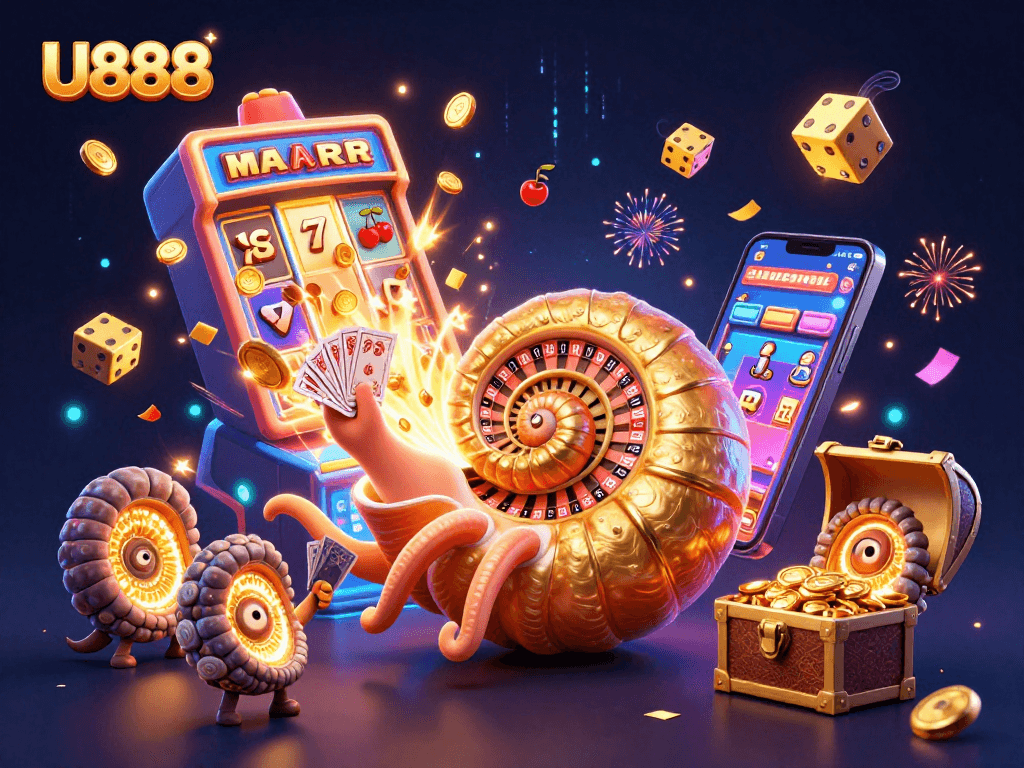 Experience U888 with a vibrant scene of a giant nautilus roulette wheel and dynamic casino elements.