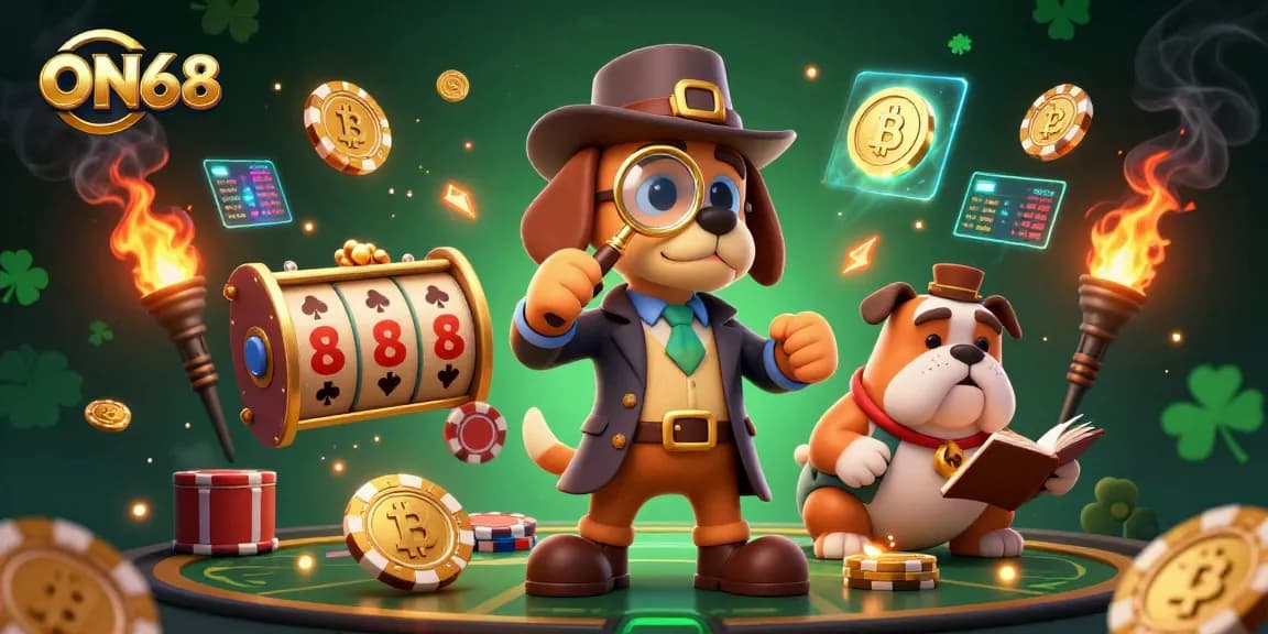 Join the adventure with ON68 as the detective uncovers treasure clues amidst vibrant casino games.