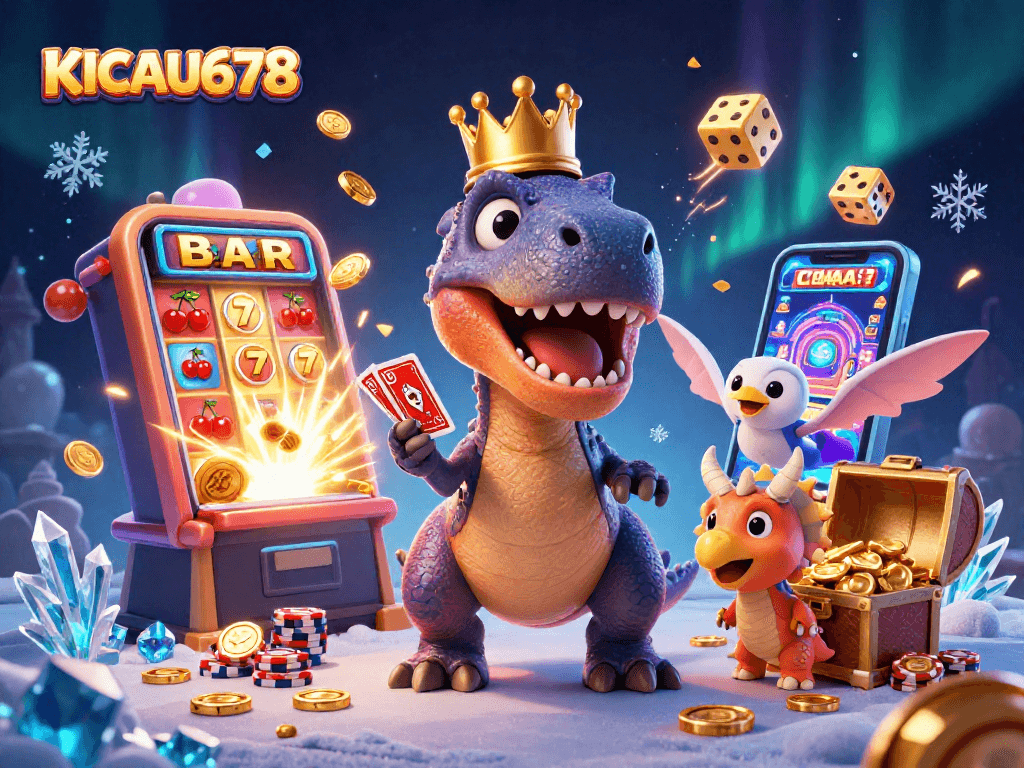 KICAU678 showcases a vibrant 3D casino scene with a T-Rex card player and a golden slot machine.