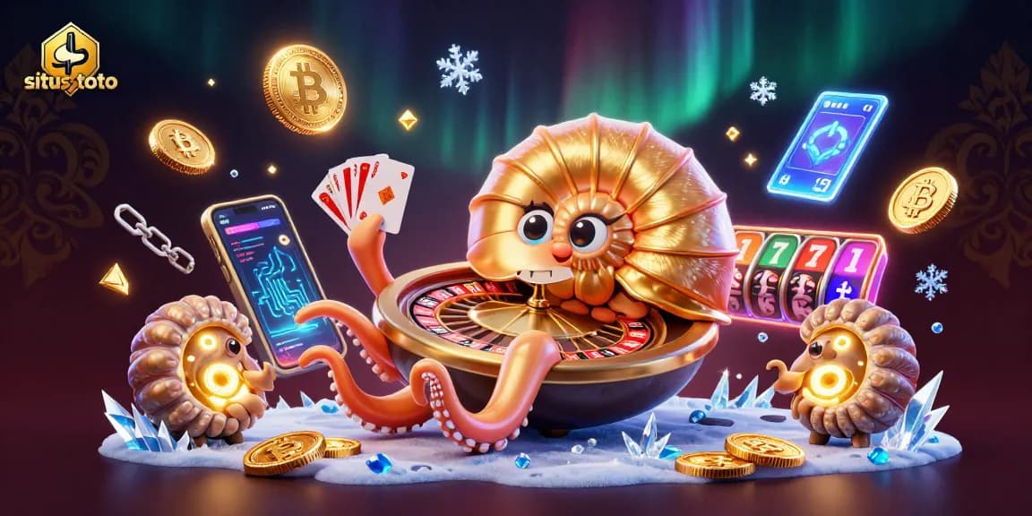 Slot jackpot di situs toto dengan nautilus raksasa dan koin crypto bersinar.