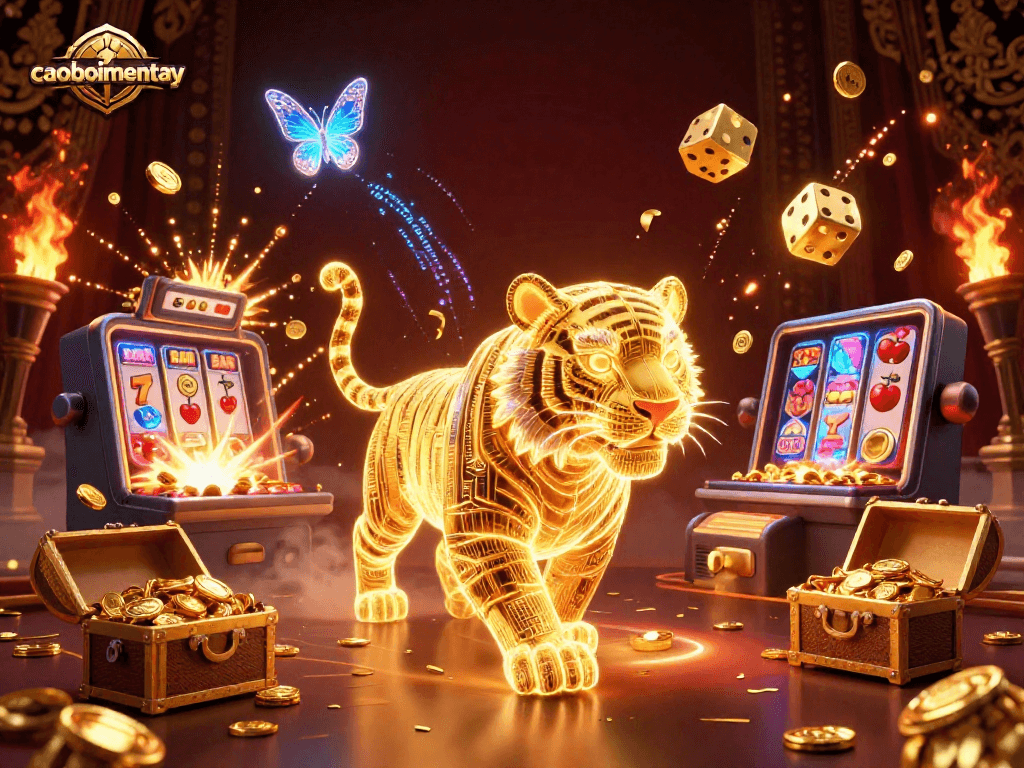 Experience caoboimientay in a vibrant digital casino landscape with neon tigers and thrilling jackpots.