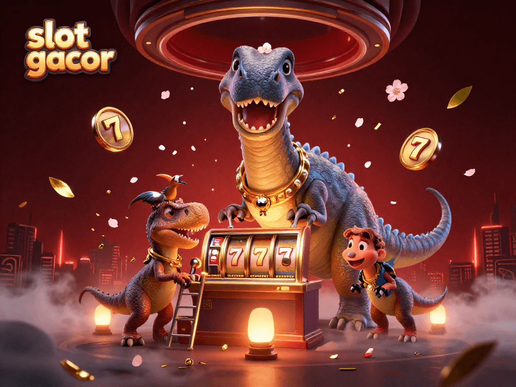 Bermain slot gacor dengan brontosaurus dan raptor dalam ilustrasi kasino menarik