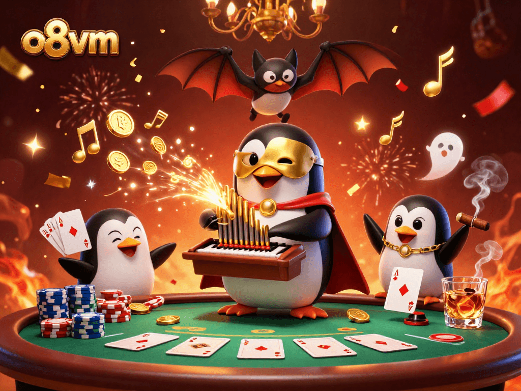 Experience the vibrant casino scene with o8vm's phantom opera penguin amidst a shower of golden coins.