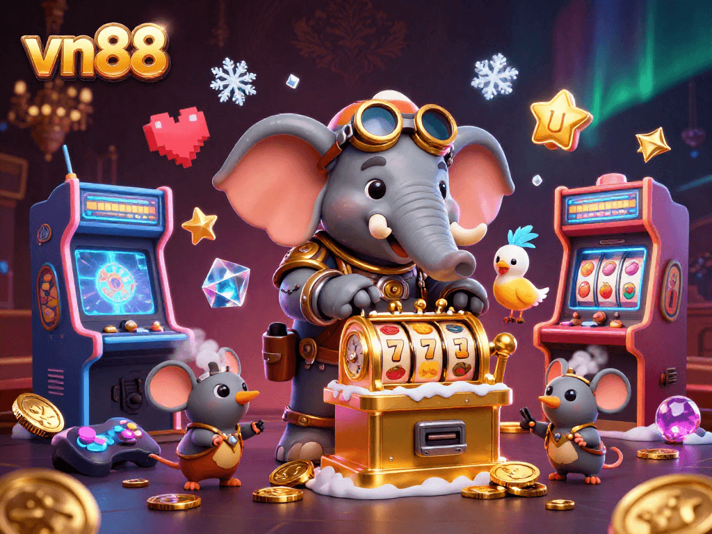 Spin the golden slot machine at vn88 with a steampunk elephant engineer, vibrant casino elements in action