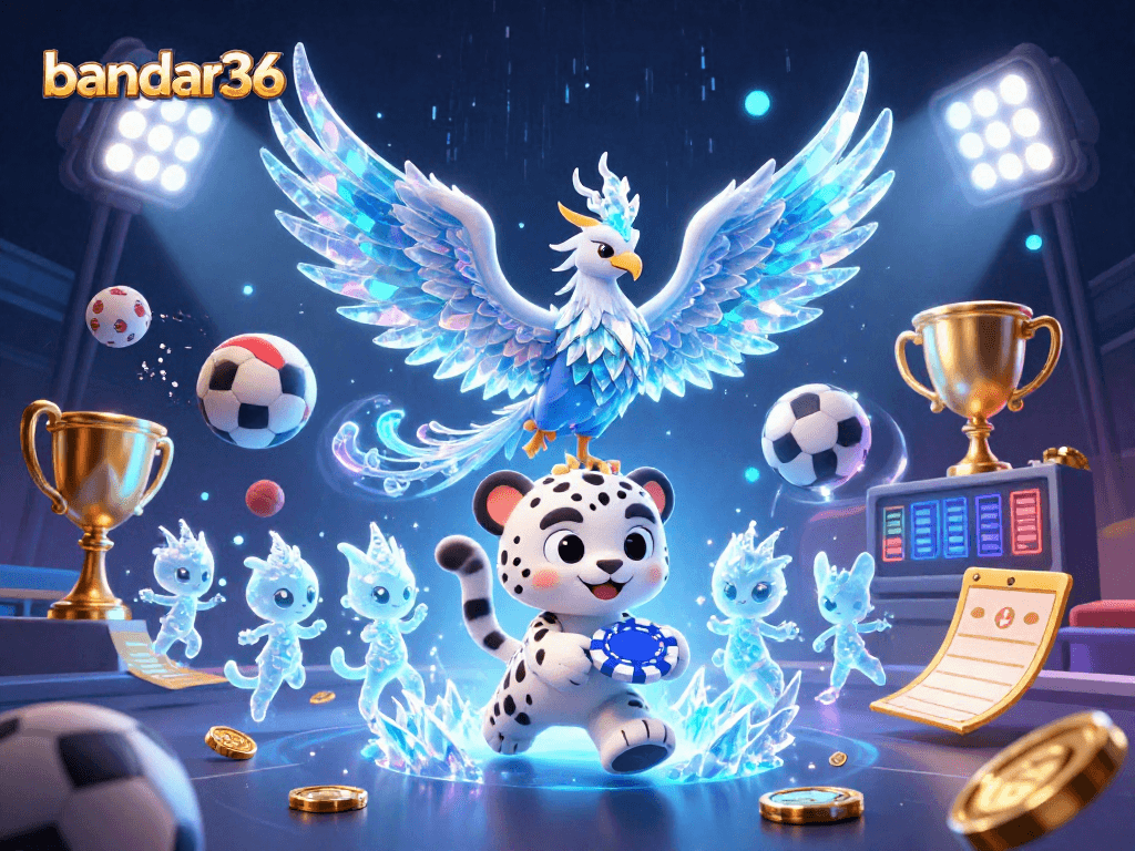 bandar36 menampilkan phoenix es dari kartun, macan tutul muda, dan sprite berdansa dalam ilustrasi casino