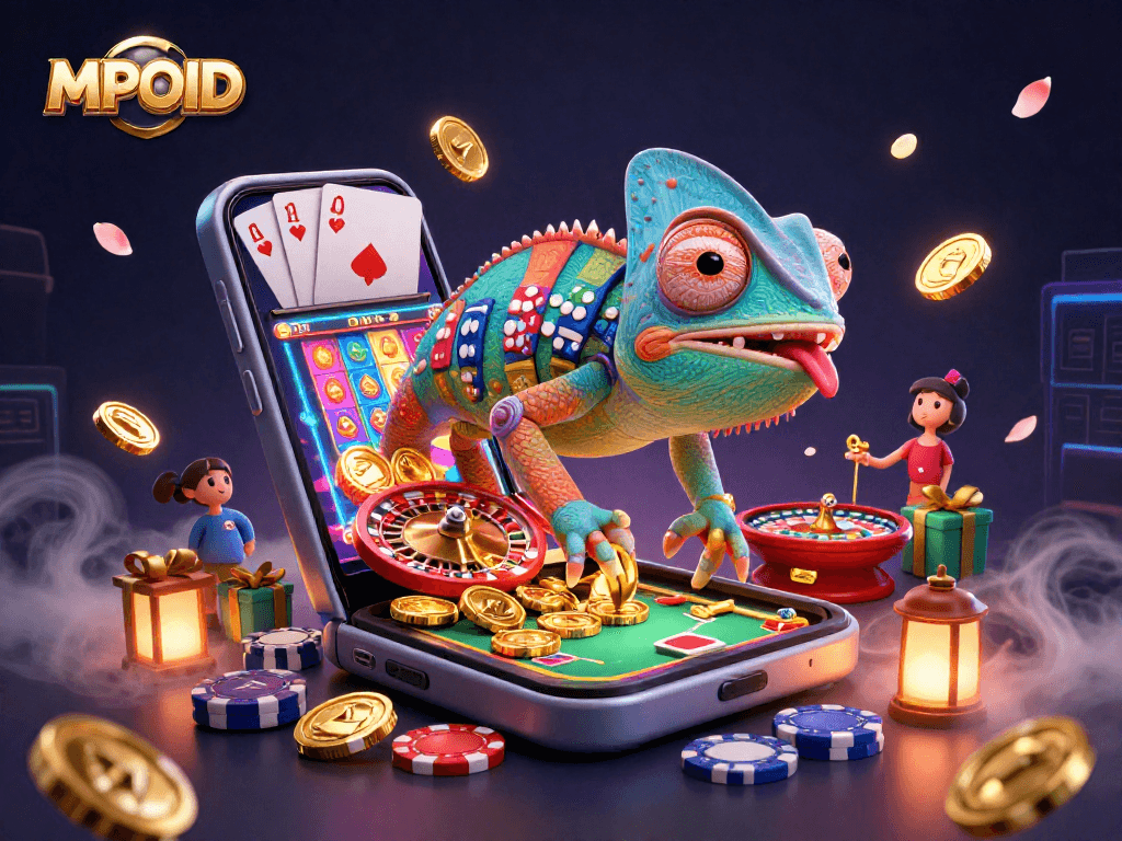 MPOID chameleon casino owner catching golden coins amid a vibrant 3D gambling scene.