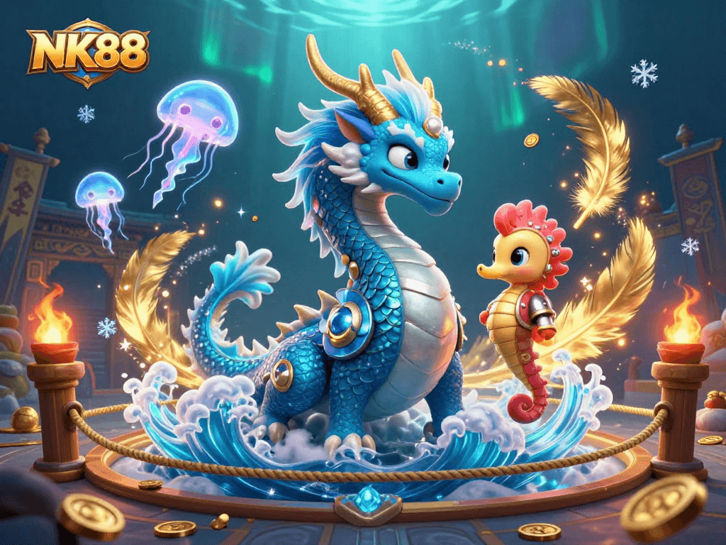 Experience the excitement at NK88 with a vibrant casino scene showcasing thrilling games and characters.