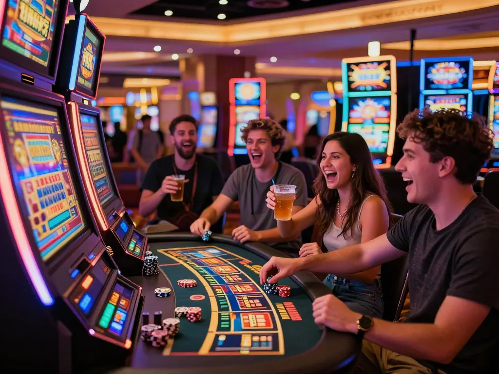 Friends enjoying the thrilling Lucky777 gaming experience at a vibrant casino.