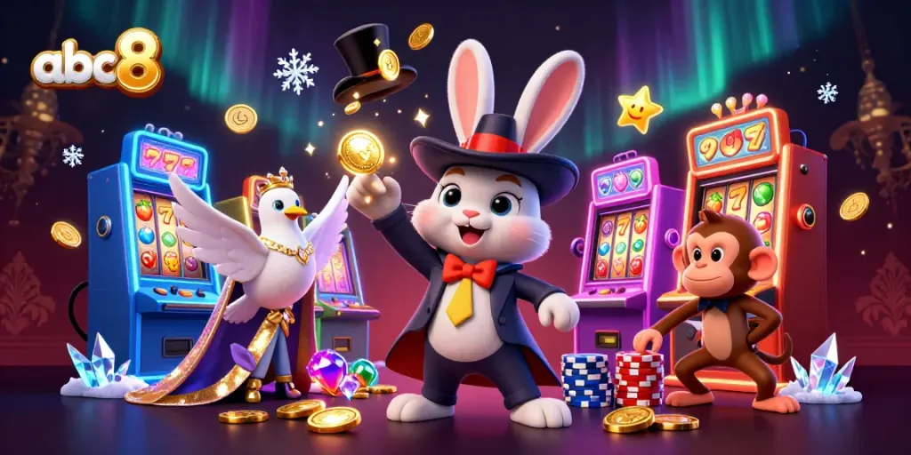 Win big with the abc8 online casino experience featuring colorful slot machines, a magician rabbit, and vibrant game elements.