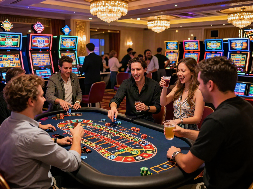 Group of friends enjoying the excitement of situs toto gaming at a lively casino.