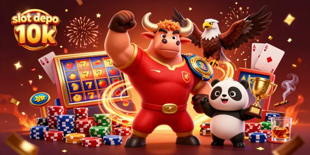 Engage in slot depo 10k gaming action with vibrant characters and lucky symbols in a dynamic casino setting.