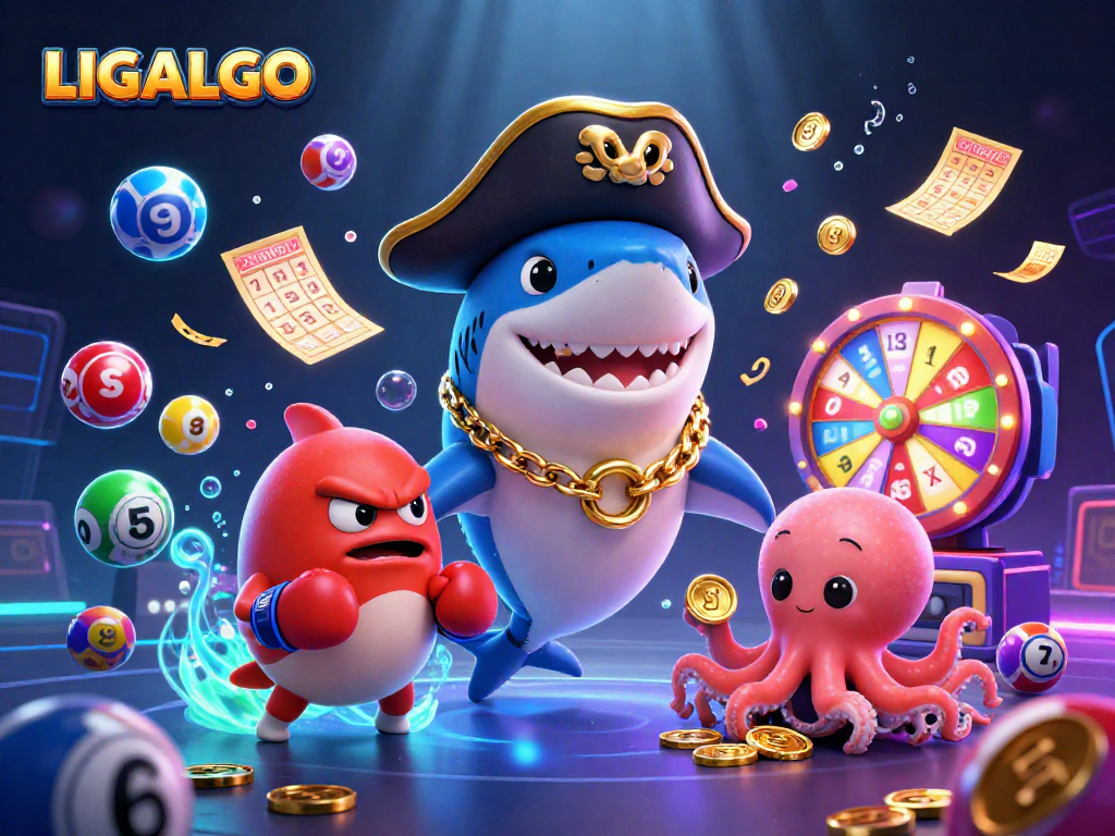 LIGALGO showcases vibrant casino fun with a pirate shark, pufferfish, and octopus amidst dynamic lottery elements.