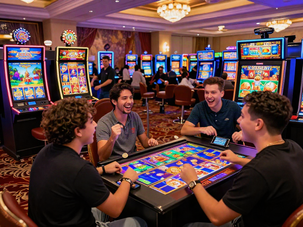 Exciting bandar slot gaming scene with players cheering around colorful machines in a lively casino atmosphere