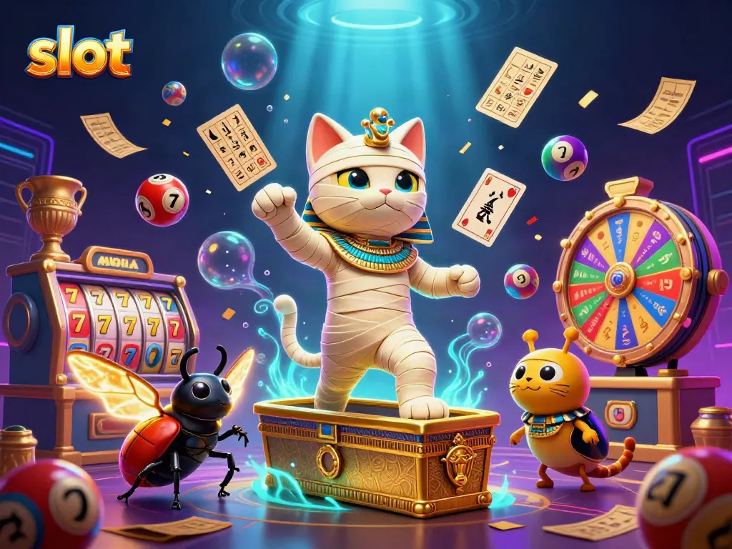 Engage with slot machines in an epic pyramid casino adventure featuring animated mummy cat and scarab.