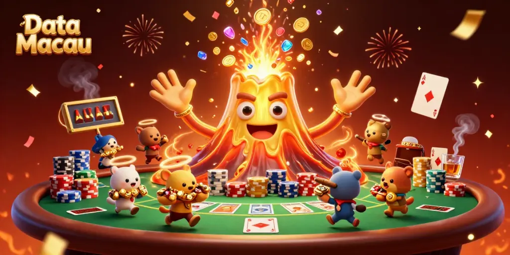 Experience Data Macau with an erupting volcano, tokens, and vibrant casino elements.